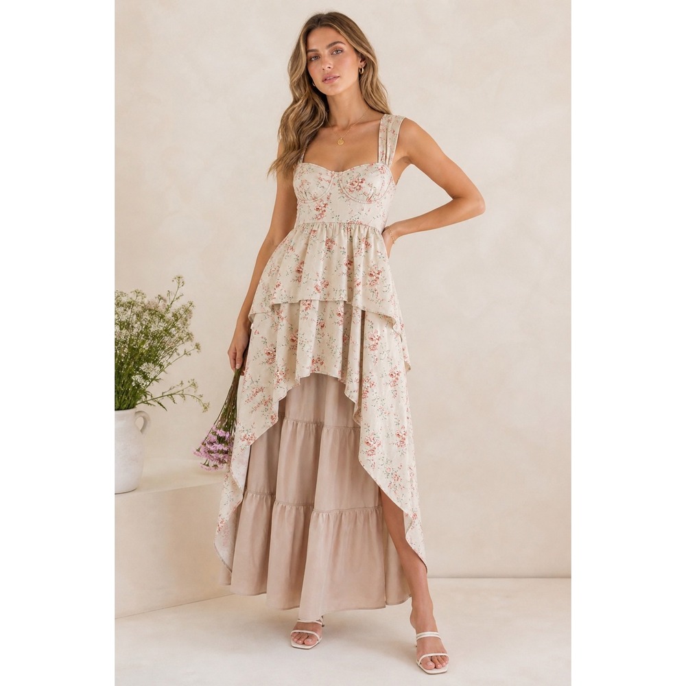 WeWoreWhat Floral High Low Dress Womens Size 6 Tan Pink Tiered‎ Bustier Romantic